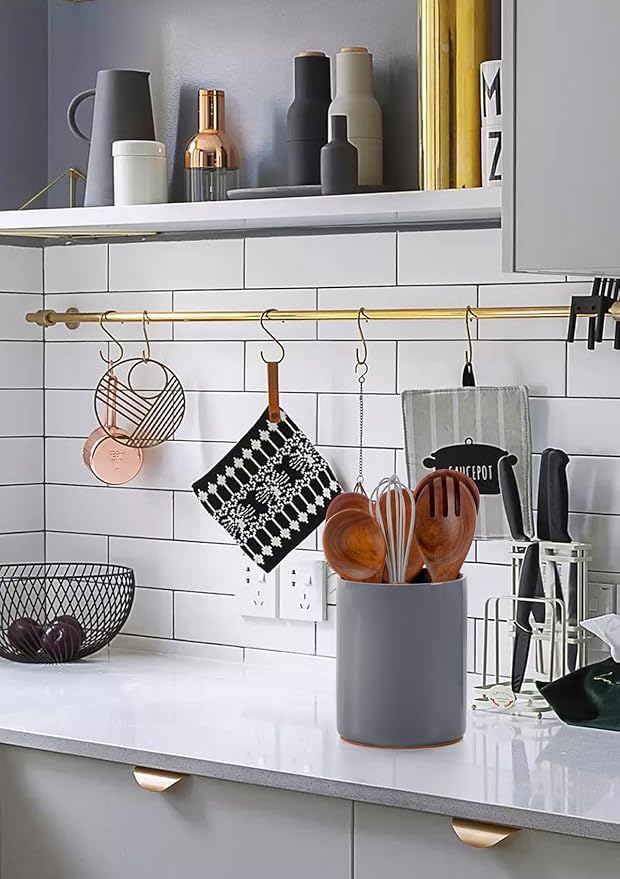 Nucookery Utensil Holder, 6.4" Ceramic Kitchen Utensil Holder for Countertop with Protection Cork Bottom, Vintage Farmhouse Kitchen Decor for Counter (Gray)