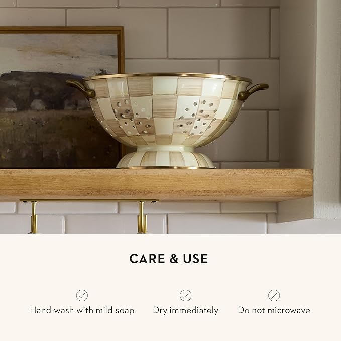 MACKENZIE-CHILDS Enamel Colander, Decorative Kitchen Strainer, Large, Brown-and-White Mocha Check