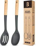 Silicone Cooking Spoons, Great for Scooping Sides and Serving Hearty Stews, BPA-Free Matte Silicone, Wooden Handle Serving Spoon for Nonstick Cooking Surfaces (Grey)