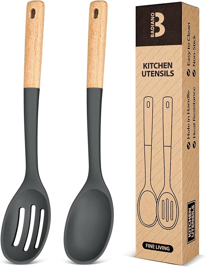 Silicone Cooking Spoons, Great for Scooping Sides and Serving Hearty Stews, BPA-Free Matte Silicone, Wooden Handle Serving Spoon for Nonstick Cooking Surfaces (Grey)