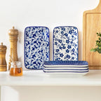 vancasso Selene 8.5 Inch Rectangular Salad Plates Set of 6, Ceramic Salad Plates for Sushi, Dessert, Appetizer, Porcelain Platters for Kitchen Decor, Microwave & Oven Safe, Vintage Blue & White Color