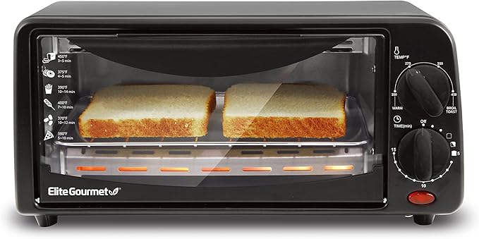 Elite Gourmet ETO236 Personal Compact 2 Slice Countertop Toaster Oven with 15 Minute Timer & Adjustable Temperature, Bake, Broil, & Toast, Black