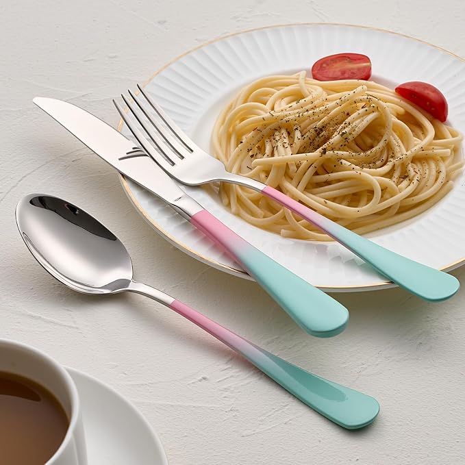 Colorful Silverware Set 20 Piece 18/0 Stainless Steel Flatware Pink and Green Handle Cutlery Set Service for 4 Fork Knife Spoon Set Mirror Finish Dishwasher Safe