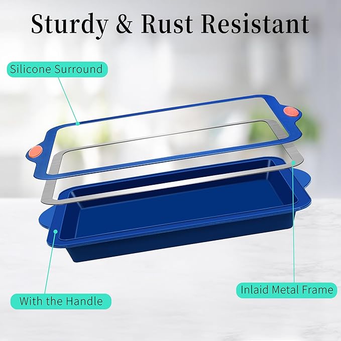 To encounter Silicone Baking Pans Set, 4 Pieces Nonstick Bakeware Set with Baking Pans, Baking Sheets, Cookie Sheets, Cake Pan with Grips and Metal Reinforced Frame More Strength, Navy Blue