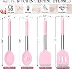 TeamFar Kitchen Utensils, 4 PCS Silicone Cooking Utensils Spatula Spoon Set with Stainless Steel Handle, for Frying Mixing Draining Turning, Healthy & Heat-proof, Non-stick & Dishwasher Safe - Pink