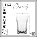 Vikko Large Drinking Glasses, 14 Ounce Glass Cups, Durable Glasses Drinking Set of 12, Stackable Water Glasses, Highball Glasses, Heavy Base Tumblers & Water Glasses, Dishwasher Safe Cups for Kitchen
