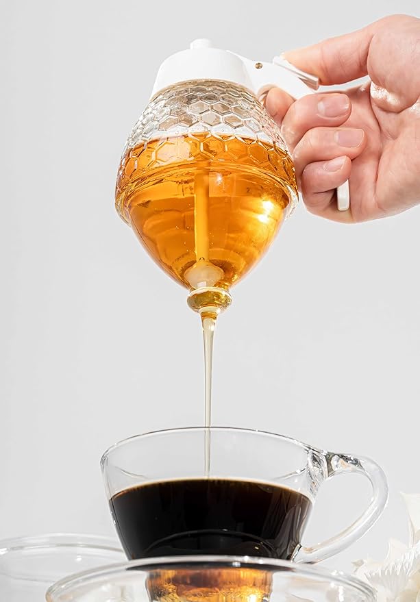 Stainless Steel Shaft, Glass Honey Dispenser, Chrome-Plated ABS Silver Lid – No Drip Glass with Stand – 8 oz Honey Jar – Honeycomb Design Container – Honey Pot for Honey, Maple Syrup (White)