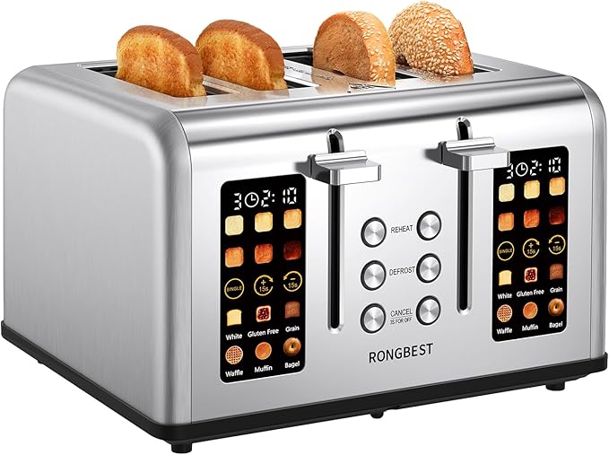 4 Slice Touch Screen Toaster, Stainless Steel Toaster with Wide Slots for Bagels and Bread, Reheat/Defrost/Cancel Functions, Removable Crumb Tray, Silver