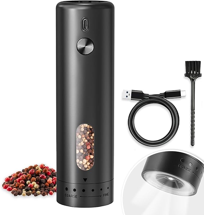 Electric Salt and Pepper Grinder – Rechargeable Automatic Mills with 6-Level Adjustable Coarseness, White LED Light, Large 110ml Capacity