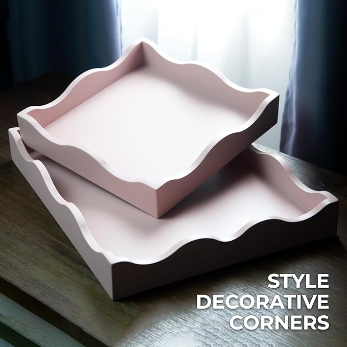 Wooden Scallop Serving Tray - for Coffee Table, Breakfast, Dinner Kitchen Living Room Bedroom, and Home Decor for All Occasions (Pastel Musk Mist, Combo S+M)