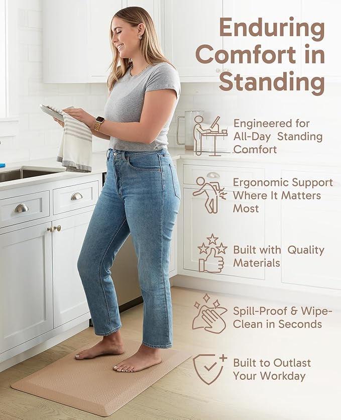 Ophanie Kitchen Mats for Floor, 3/4 inch Thick, Anti Fatigue Cushioned Mat, Kitchen Rugs, Waterproof, Comfort Ergonomic Standing Mat for Office, Home, Sink, 20x32 Beige Non-Slip Ridged Bottom