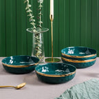Stone Lain Florian Porcelain 3-Piece Round Shallow Bowl Service Set, Green with Gold Rim