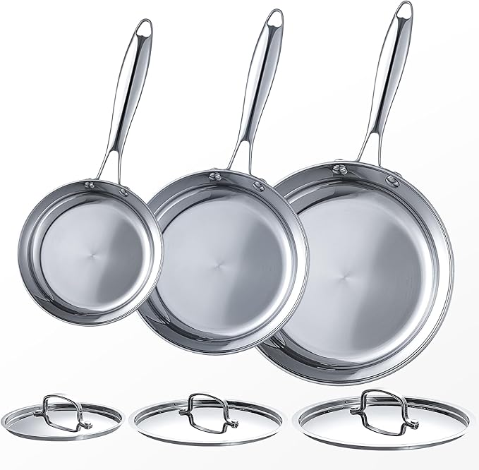 Non Toxic Frying Pan Set with Lids 6 Pcs Fry Pan Set,8,10,12 Inch Frying Pans with Stainless Steel Lids,Stay-Cool Handles, Dishwasher Safe, Works on All Stovetops (Induction, Gas, Electric)