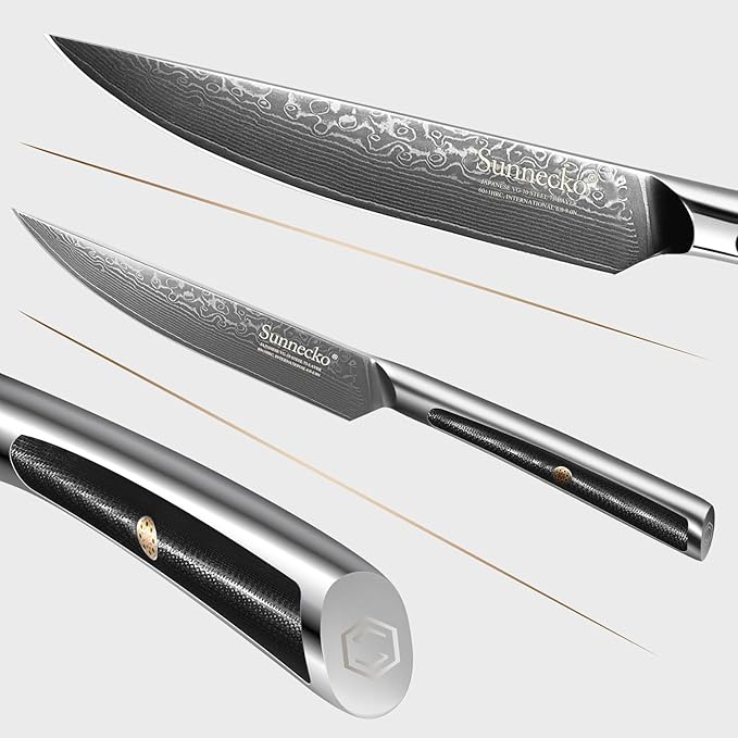 Sunnecko Damascus Steak Knife Set Non Serrated, Japanese VG10 Stainless Steel Steak Knife and Fork Set of 2, 5 Inch Steak Knives G10 Handle with Gift Box