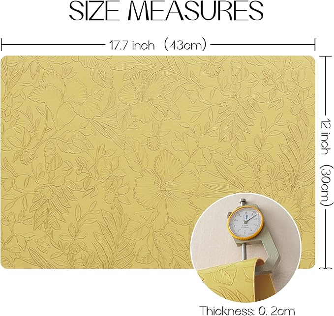 Romanstile Vinyl Placemats Set of 4-12 X 18 Inch - Heat Resistant Non-Slip Embossed Floral Place Mats 100% Waterproof Oilproof Wipeable Faux Leather Table Mats for Kitchen/Dining/Party, Yellow