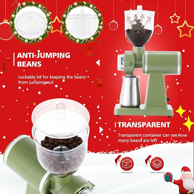 Electric Coffee Grinder Burr Espresso Coffee Bean Grinder Small Automatic Stainless Steel Coffee Mill With Brush, Pea Green