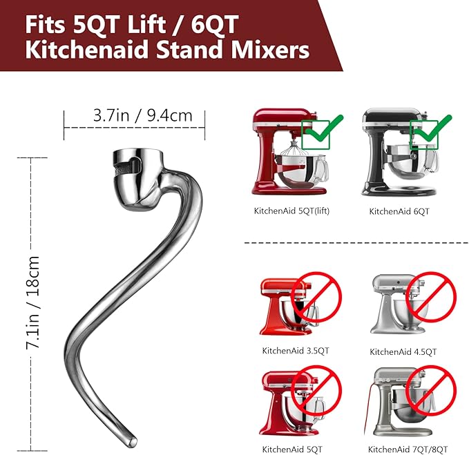 Stainless Steel Dough Hook for Kitchen aid 5QT Lift and 6QT Stand Mixer, Mixer Dough Attachment for KitchenAid, Dishwasher Safe