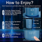 Temperature Control Heated Coffee Mug Smart Self Heating Travel Mug 12 Oz App Controlled Warmer Mug 4-10 Hour LED Display Keep Coffee Hot All Day Fast Wireless Charger Base Lake Blue