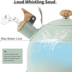 LONFFERY Tea Kettle for Stove Top, 2.5 Quart Whistling Tea Kettle, with Food Grade Stainless Steel and Wood Pattern Folding Handle, Turquoise