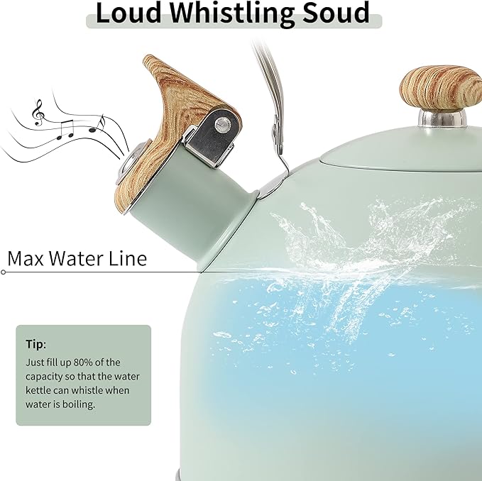 LONFFERY Tea Kettle for Stove Top, 2.5 Quart Whistling Tea Kettle, with Food Grade Stainless Steel and Wood Pattern Folding Handle, Turquoise