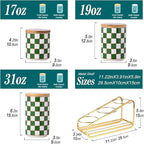 Kitchen countertop ceramic grid pattern airtight jar set - a set of 3 kitchen jars with layered shelves, sealed countertop flour and sugar containers, coffee and tea storage (Green)