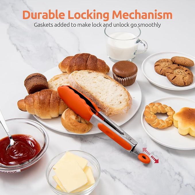 600ºF Heat Resistant Kitchen Tong: U-Taste 7 inch Silicone Cooking Tong with Firm Sealed Non Stick Rubber Tips & Silicon Coated 18/8 Stainless Steel Handle & Smooth Locking for Serving Salad (Orange)