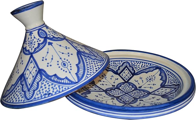 Moroccan Handmade Serving Tagine Exquisite Ceramic With Vivid colors Original 10 Inches in Diameter Fes White & Blue