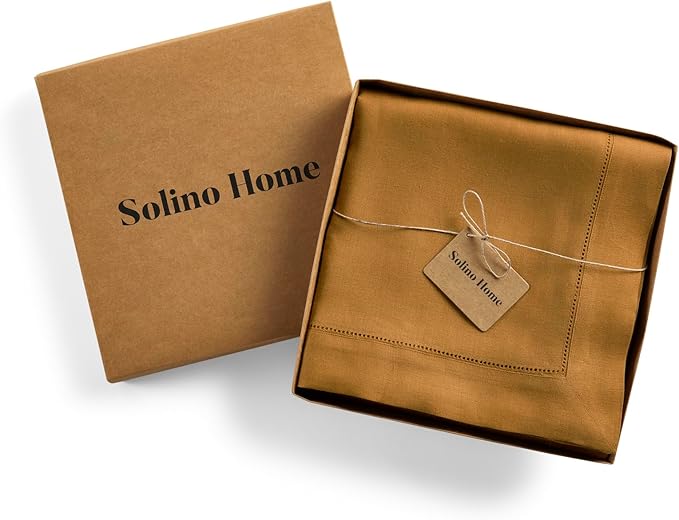 Solino Home Brown Sugar Linen Tablecloth 60 x 108 Inch - Classic Hemstitch, 100% Pure Linen Rectangular Tablecloth - Machine Washable Table Cloth for Summer, Fall, Autumn