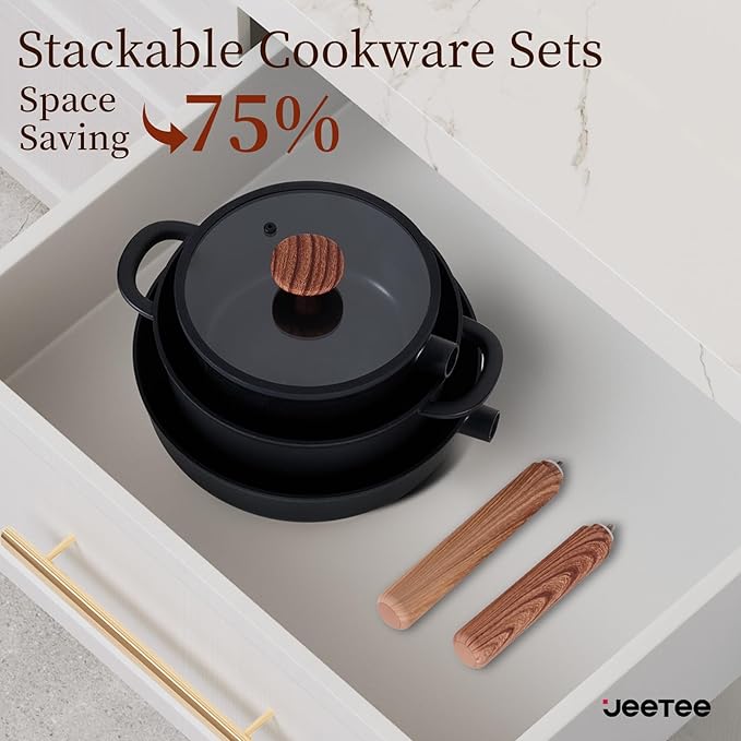 JEETEE Ceramic Cookware Set, 15 PCS Pots and Pans Set Non Stick with Removable Handles, Non Toxic Induction Kitchen Cookware Sets, Dishwasher/Oven Safe PFAS/PFOA Free Black