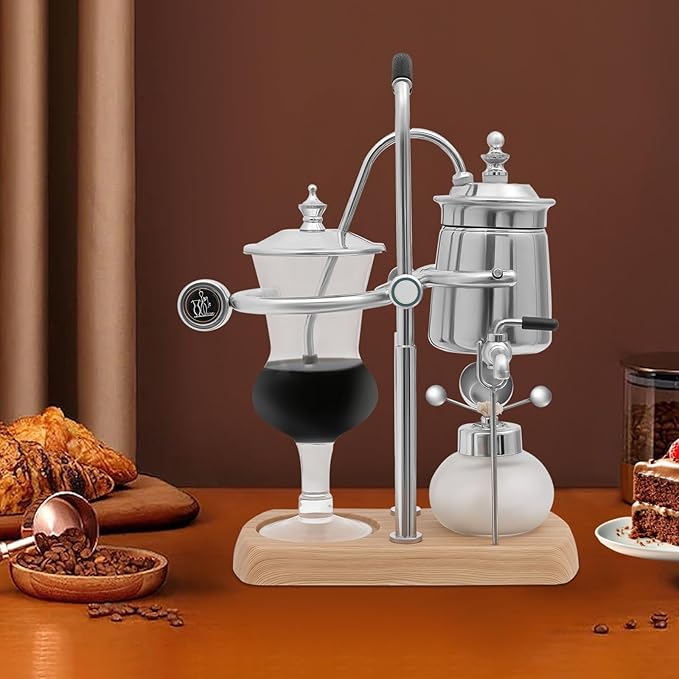 Balance Siphon Coffee Maker Belgian Royal Vintage Coffee Maker Retro Gravity Coffee Machine 13.53 OZ Vacuum Coffee Makers Brewing System for Commercial and Domestic Use (Silver)
