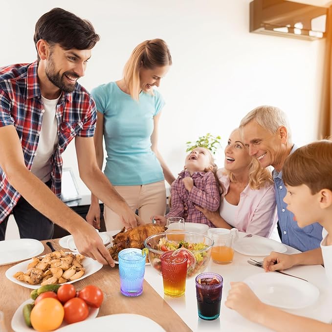 6pcs Vintage Drinking Glasses Set, 12 oz Glass Cups, Embossed Ribbed Glassware Water Tumblers for Cocktail, Water, Juice, Beer, Whiskey