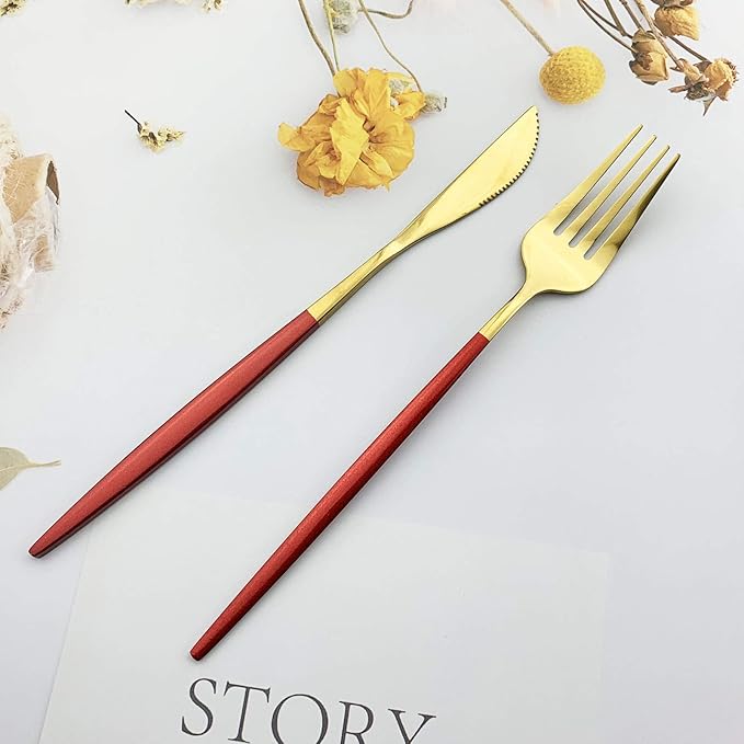 JASHII Flatware Serving Set 24 Piece, Stainless Steel Silverware Set, Red Gold Cutlery Set, Modern Elegant Tableware Set for Party, Christmas, Dinner (Red Gold)