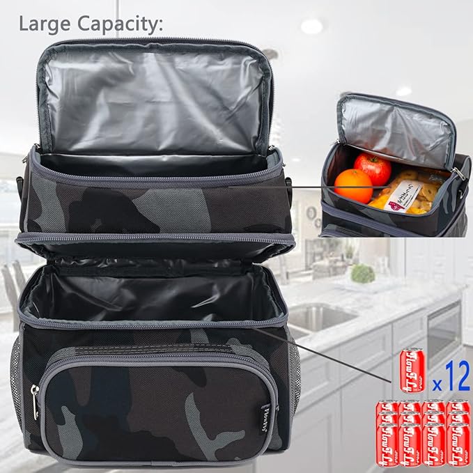 FlowFly Double Layer Cooler Insulated Lunch Bag Adult Lunch Box Large Tote Bag for Men, Women, With Adjustable Strap,Front Pocket and Dual Large Mesh Side Pockets