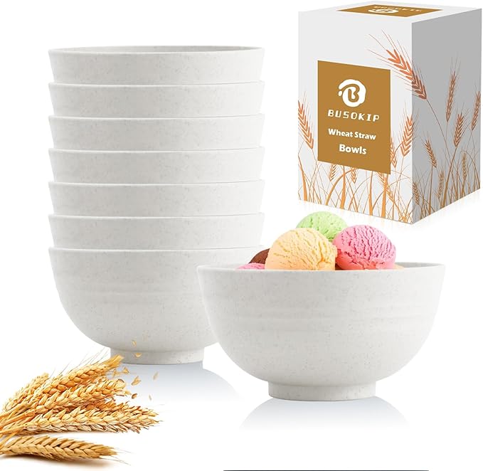 Wheat Straw Bowls Unbreakable Small Bowls Set of 8, Plastic Mini Bowl -10 OZ, Small Serving Bowls for Kitchen, Microwave and Dishwasher Safe for Ice Cream, Snack, Appetizer (White)