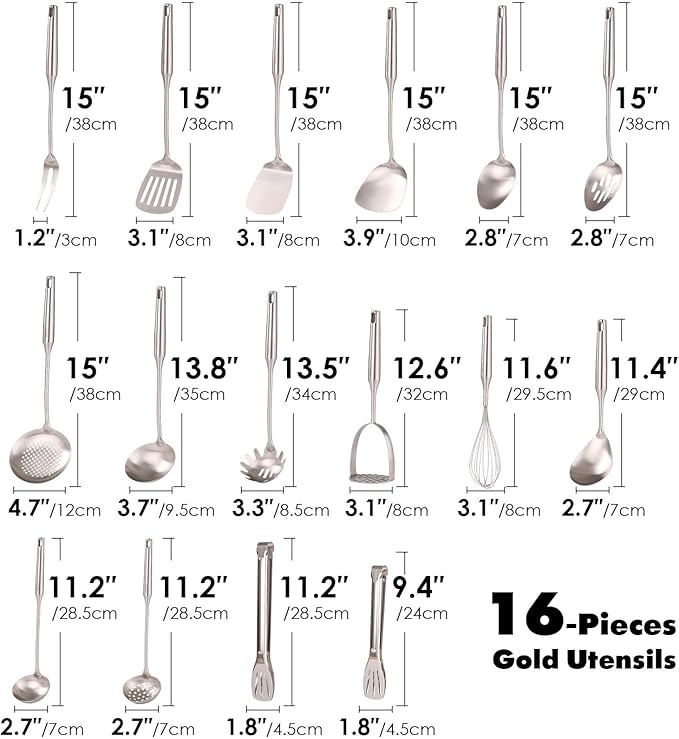 18/10 Stainless Steel Cooking Utensils Set - 16 PCS All Metal Kitchen Tools, Serving Utensils - Whisk, Masher, Fork, Tongs, Solid/Slotted Spoon, Spatula, Turner, Ladle, Skimmer, Pasta, Large Spoon Set