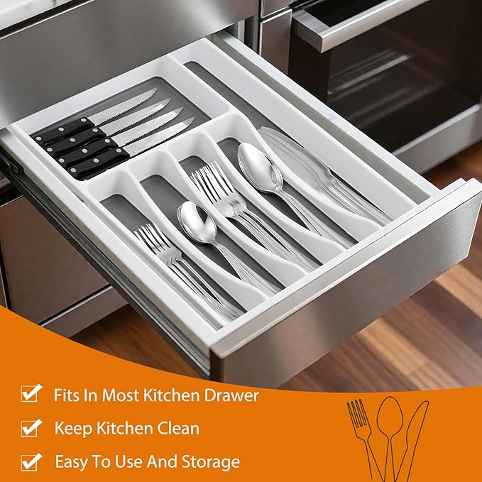 49 Piece Silverware Set with Organizer - Stainless Steel Cutlery Set for 8, White Elephant Christmas Gifts kitchen Utensil Flatware with Steak Knives, Spoons and Forks, Dishwasher Safe, Rust-proof