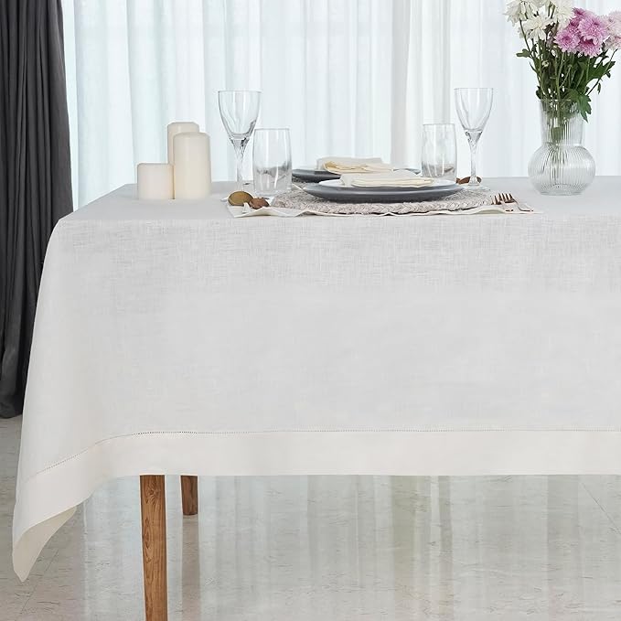 D'Moksha Homes Ivory Linen Tablecloth for Rectangle Tables 60 x 84 Inch - Classic Hemstitch 100% Pure Linen Ivory Table Cloth - Machine Washable Dining Tablecloth for Summer, Fall and Halloween