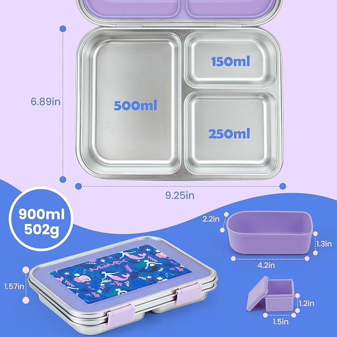 MaMix Kids Lunch Box Stainless Steel,3 Compartments Leak-Proof Bento Box for Kids for Sandwich, Lunch Containers Freezer Safe (purple)
