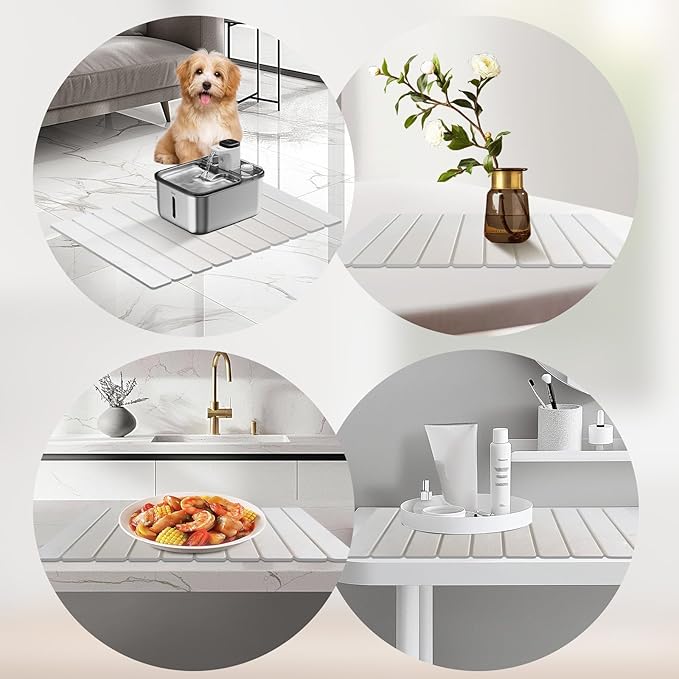 Hopegiver Stone Drying Mat for Kitchen Counter, 23.62"x15.35" Collapsible Quick Dry Dish Drying Mat, Super Absorbent Diatomaceous Earth Mat for Dishes Bottles Cups Bathroom, White with Sanding Block