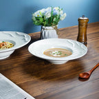 Ceramics Rimmed Soup bowls Set of 4, Embossed Wide Rim Small Mouth Pasta Plates 10.2 OZ/300 ml, Microwave Dishwasher Safe, for high end restaurants and best choice for gourmets, 9.45 Inch