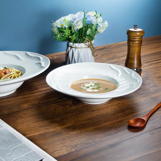 Ceramics Soup Plates Set of 4, Wave relief Wide Rimmed Small Mouth Pasta Plates 18.6 OZ/550 ml, Microwave Dishwasher Safe, for high end restaurants and best choice for gourmets, 12 Inch