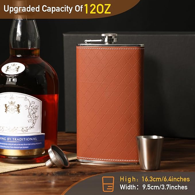 Flask For Men,350ml/12oz Hip Flask,304 Food Grade Stainless Steel,2 Cups And Funnel Portable Gift Box For Whiskey Rum Groomsman Best Man Usher Wedding-Leather Rhomboid Stripe Brown