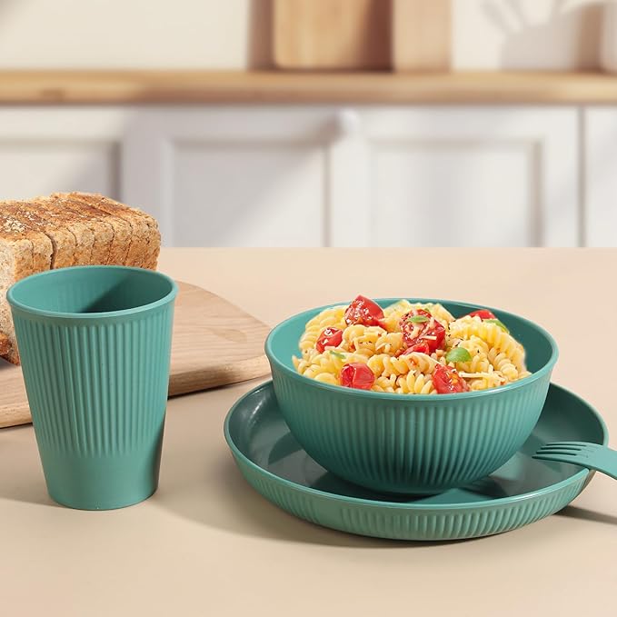 OAMCEG Plates and Bowls Sets Kitchen 42 Pcs, Plastic Wheat Straw Dinnerware Set, Dinner Plate/Dessert Plate/Cereal Bowl/Cup/Flatware Set, Dishwasher Microwave Safe, Outdoor Camping Dishes, Green
