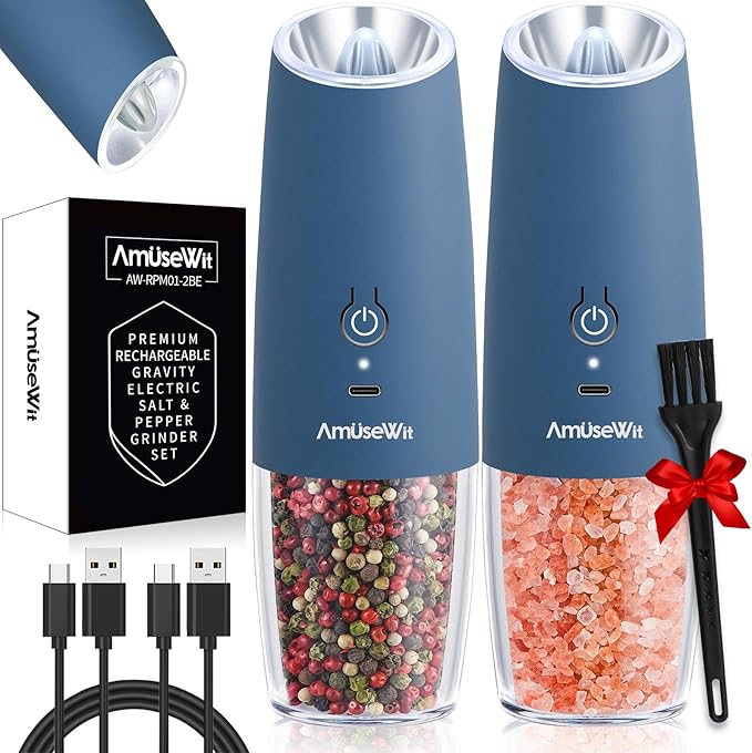 AmuseWit Gravity Electric Salt and Pepper Grinder Set [White Light] USB Rechargeable Automatic Pepper and Salt Mills,Adjustable Coarseness,One-Handed Operation, Misty Blue
