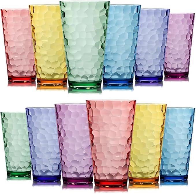 Hammered Plastic Drinking Tumbler, Dishwasher-Safe Premium Quality Water Glasses, BPA-Free Reusable Mixed Colors Assorted Stackable Cups, 22 oz Set of 12