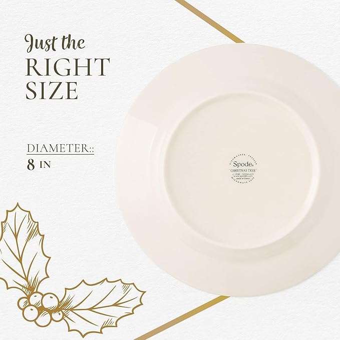 Spode Christmas Tree 8" Salad Plate Set of 4- Festive Holiday Stoneware Plate with Christmas Tree Design, Green Bordered Edges, Microwave, Dishwasher, Freezer, Oven Safe