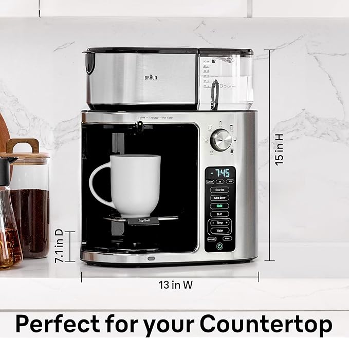 Braun MultiServe Plus 10-Cup Drip Coffee Maker - Hot & Cold Multi-Serve Brewer with Timer and Auto Start, Hot Water Dispenser, Over Ice Function, Stainless Steel & Pod-Free Design, KF9370SI