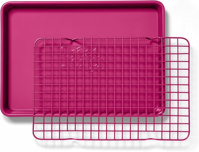 Great Jones Little Sheet Pan & Little Chill Rack Set (Raspberry) | 13.5 x 9.5 Heavy-Duty Nonstick Pan & Cooling Rack | Baking Tray & Wire Rack for Cooking, Baking, Roasting | Oven & Dishwasher Safe