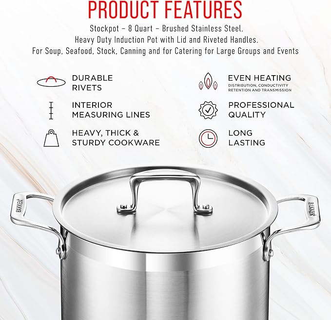 Stainless Steel Stockpot with Lid 8 Quart, Durable 18/8 Stainless Steel, Impact-Bonded Base for Even Heating, Riveted Handles, Oven & All Stove Compatible, Safe Up To 500°F (260°C)