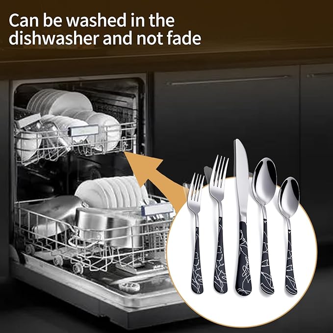 20-Piece Black crack Silverware Set 18/0 Stainless Steel Silverware Set Black crack Handle Cutlery Set Service for 4 Dinner Knives Forks Spoons Set Flatware Set Finish Dishwasher Safe